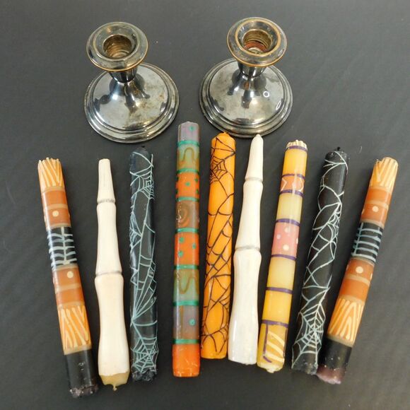 Halloween Candle Lot of 9 with Vintage Pilgrim Silverplate Candlesticks Holders - Picture 2 of 16